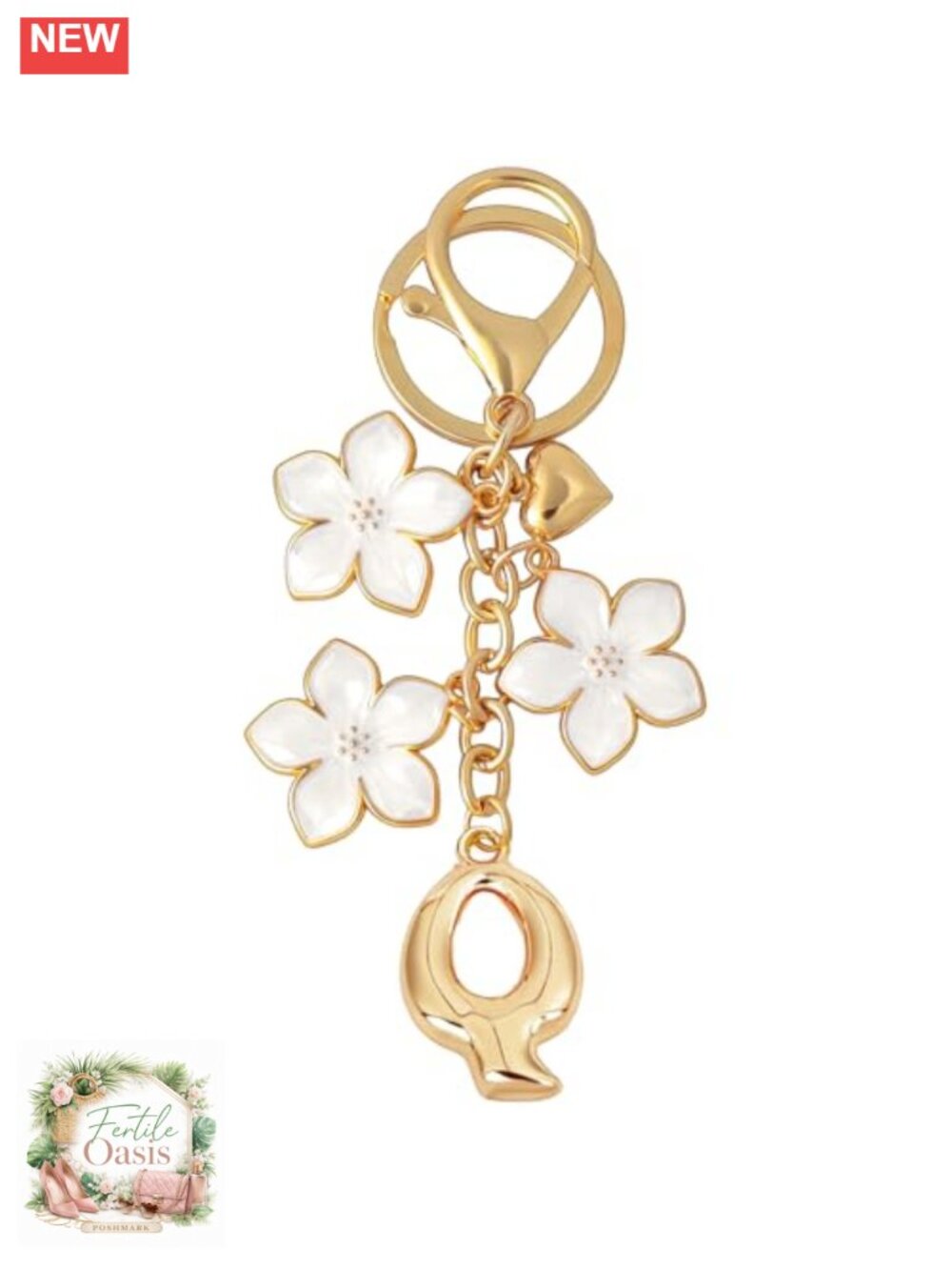 Gold Plated Letter Initial Keychain Charm Floral Heart Bag Purse Charm Gift for